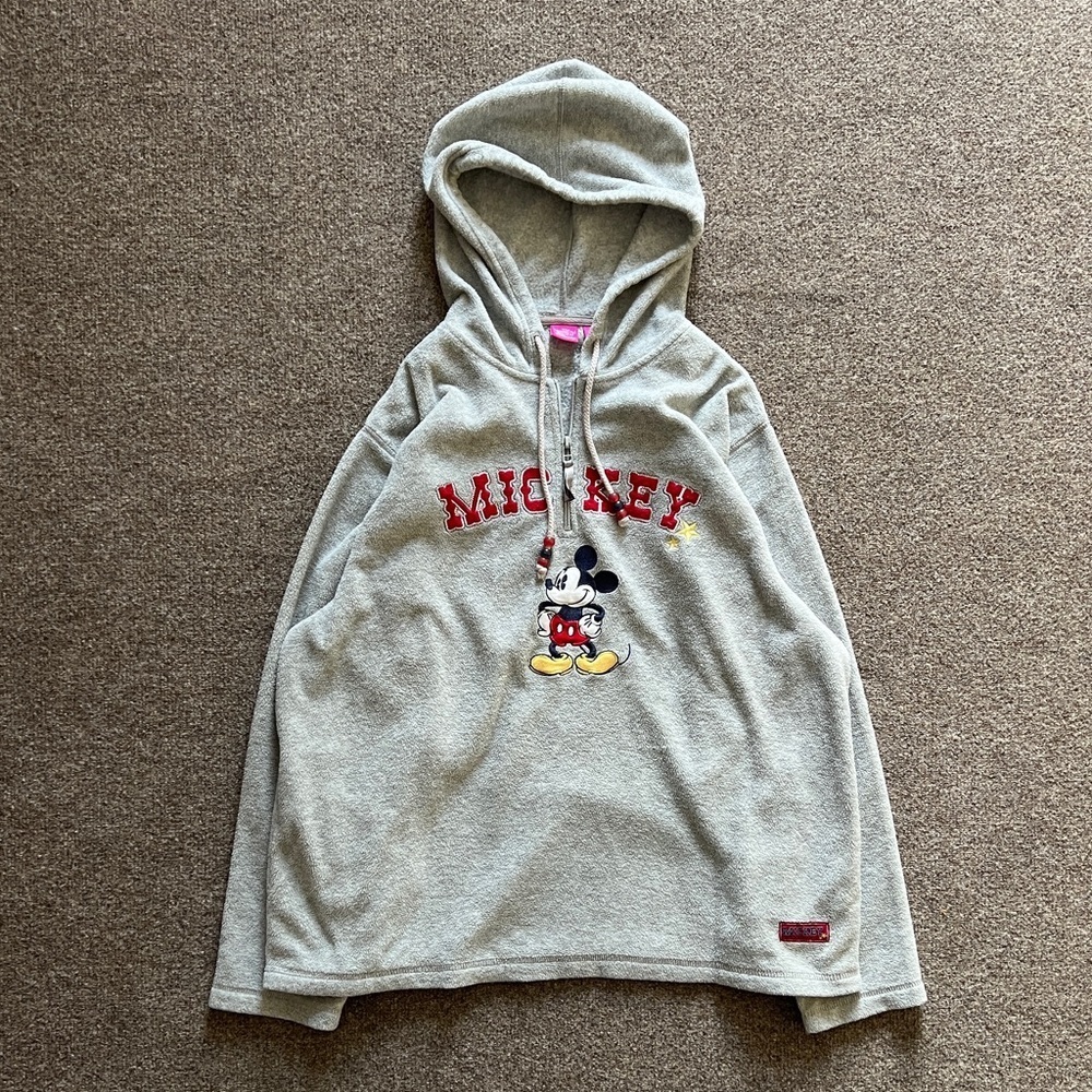 Vintage Disney Mickey Mouse Grey Fleece 1/4 Zip Hooded Pullover Sweatshirt Large